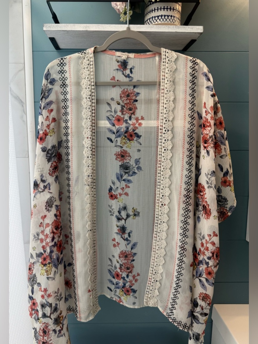 Maurices Floral Lace Trim Kimono Boho Sheer Cardigan Lightweight Layer Size S/M